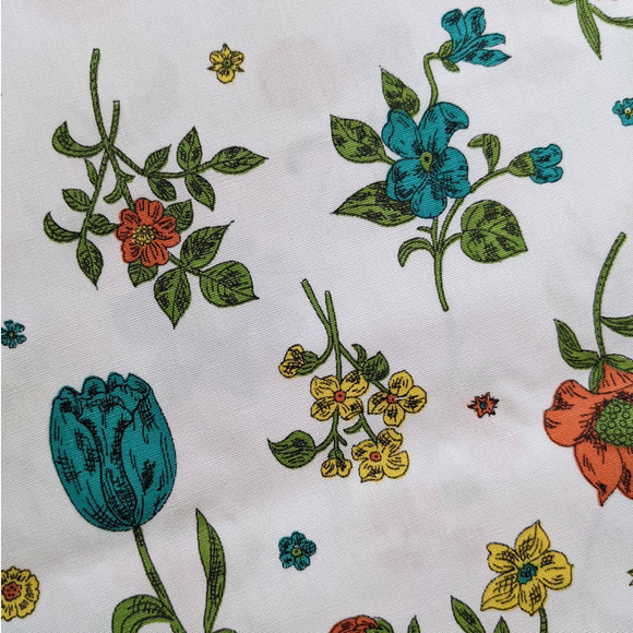 Vintage Mid-Century Floral Fabric, Day Lilies Tulips Mums, Blue Orange Yellow - Picture 6 of 10